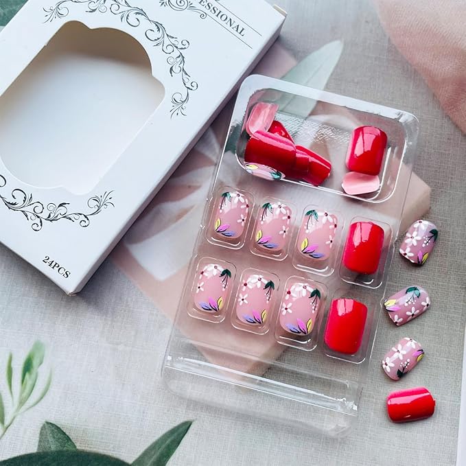 24 Pcs Short Square Press on Nails Spring Fake Nails NEWSPIED Red Glossy Glue on Nails with Small Flower Leaf Full Cover Artificial Stick on Nails Cute Acrylic False Nails for Women Girls Manicure