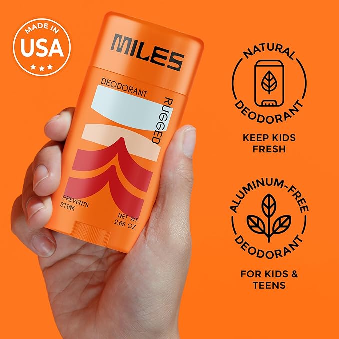 Miles Kids Deodorant for Boys and Girls - Aluminum Free Deodorant for Kids and Teens, Natural, Hypoallergenic, Made in USA - Rugged Scent, 2-Pack