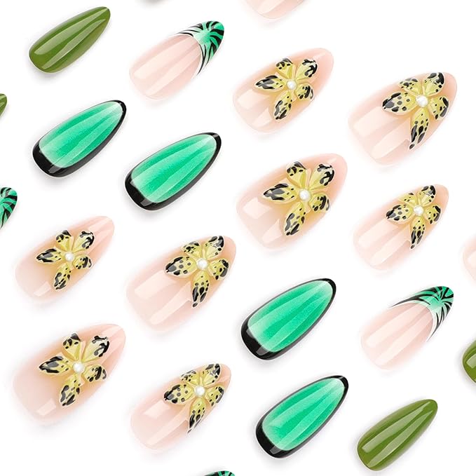 3D Flower Press on Nails Green French Tips Fake Nails Medium Almond False Nails Tropical Flowers Ombre Stick on Nails 3D Yellow Flowers Floral Design False Nails Glue on Nails for Women Girls 24Pcs