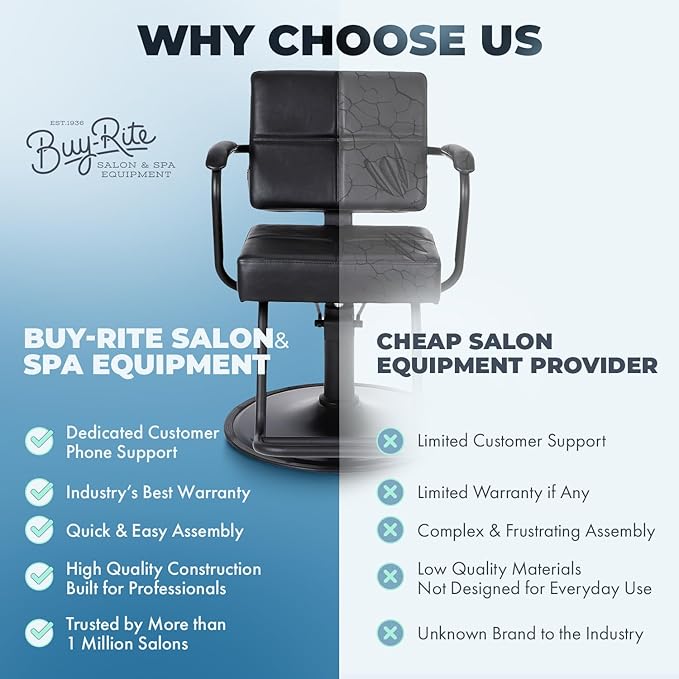 Buy-Rite Atlas Professional Salon Styling Chair - Extra-Wide Seat, Black Metal Frame, Premium Black Vinyl with Detailed Stitching, Open Back Design, Hydraulic Base, NIN-5516