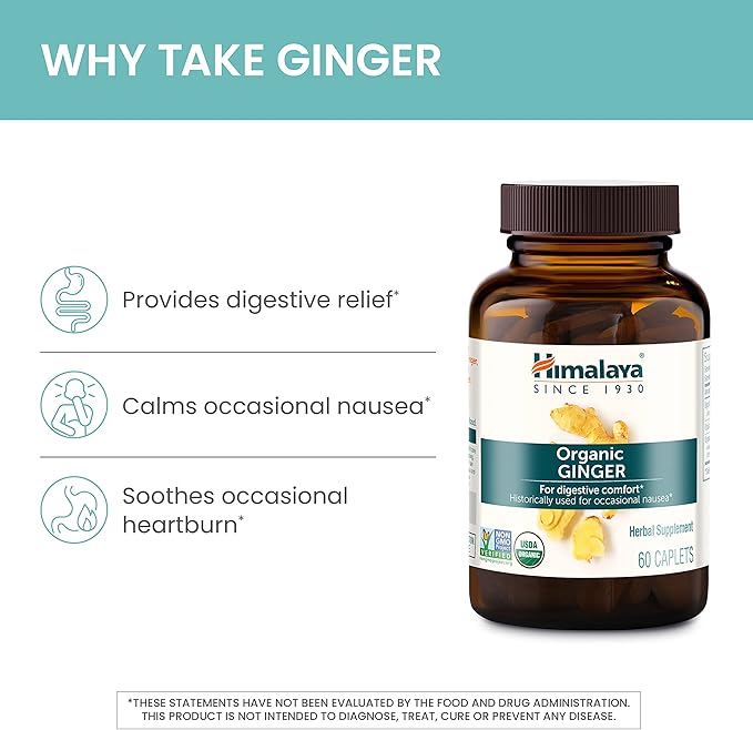Himalaya Organic Ginger, 60 Day Supply - Digestive Health Supplement for Nausea, Upset Stomach Relief, and Occasional Bloating and Heartburn - USDA Organic, Vegan, Non-GMO, Gluten Free, 60 Caplets
