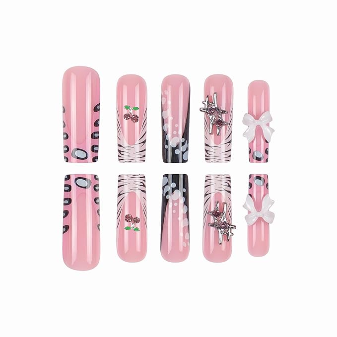 BABALAL Square Press on Nails Long Fake Nails Black Gothic Nails French Tip Acrylic Nails Zebra Y2k False Nails with Bow Cherry Star Charm Handmade 24pcs Full Cover Squoval Nails for Women Girls