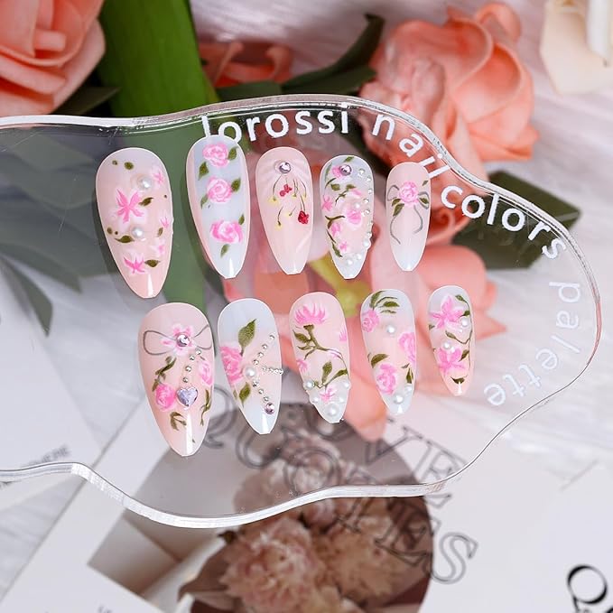 24Pcs Pink Flower Press on Nails Medium Almond Fake Nails with Peach Blossom Rhinestones Pearl Design Handmade False Nails 3D Floral Gems Bow Glue on Nails Rose Artificial Acrylic Nails Kit for Women