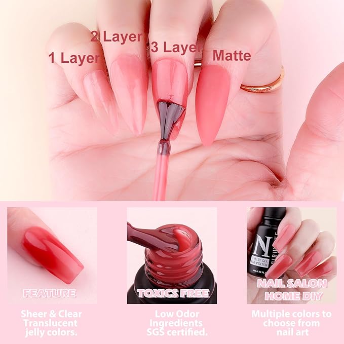 Jelly Gel Nail Polish Set, 12 PCS Autumn Sheer Nude Pink Jelly Nail Polish Gel Neutral Nail Art Design Korean Trend Icy Transparent Gel Nail Polish Kit UV LED Soak Off Gel Polish