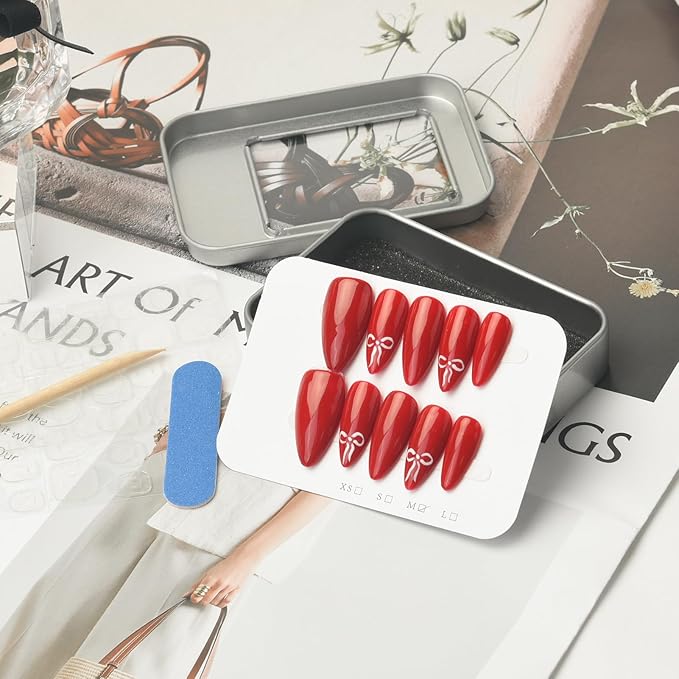 Red Press On Nails Bow Design - Medium Almond Handmade Reusable Gel Acrylic 10pcs (Dark Rose Collection, Size S)