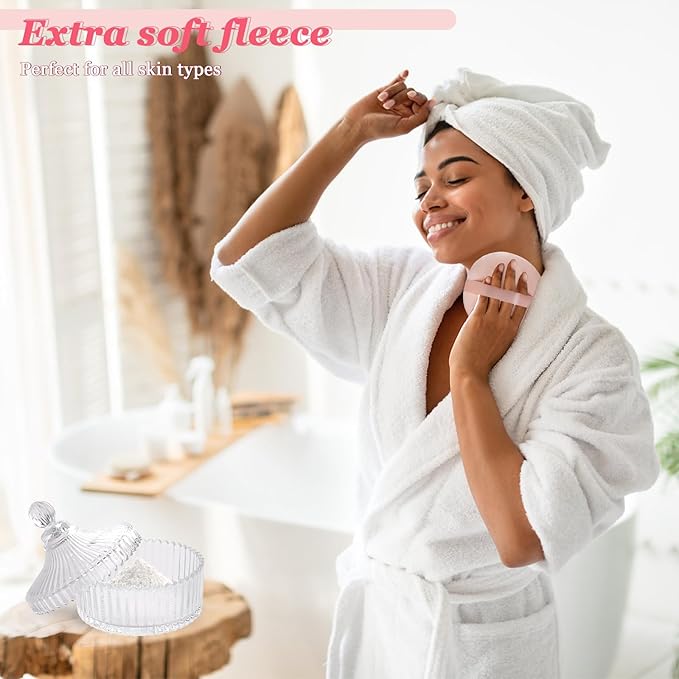 2Pcs Extra Large Body Powder Puff & Luxury 6" Glass Jar Dusting Powder Container with Puff for Women Bath Powder Puffs Perfect for Talcum or Loose Powder (Beige)