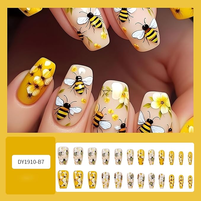 Press on Nails Medium Length Cute Bee Pattern Design Artificial False Nail Full Cover Flower Stick on Nails Press Ons with Design Ballet Shaped Acrylic Glossy Glue on Nailc for Women 24Pcs