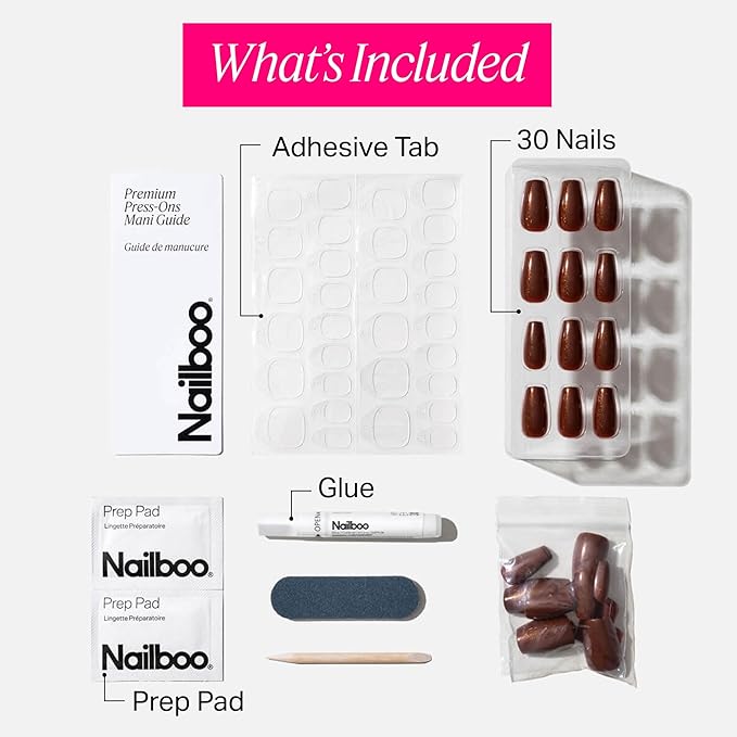Nailboo Press On Nails, Salon-Quality Reusable Fake Nails for Fast DIY Manicure with Strong Hold Nail Glue for Press Ons, Nail File, & Alcohol Prep Pads, Bronco Brown