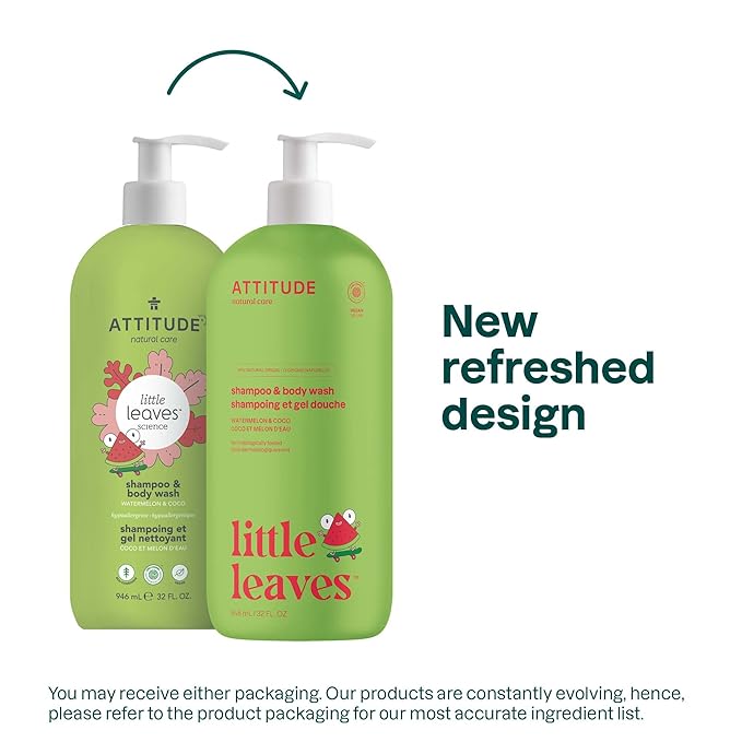 ATTITUDE Shampoo and Body Wash for Kids, EWG Verified Hair and Body Cleanser, Dermatologically Tested Soap, Plant and Mineral Based Bath Products, Vegan, Watermelon and Coco, 32 Fl Oz