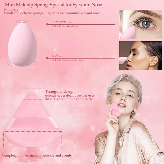 14 Pcs Makeup Sponge Set,Beauty Sponges Blender with 4 Pcs Powder Puff and 4 Pcs Mini Make up Sponges Valentine's Day,Mother's Day for Women Liquid,Foundation,Powder,Concealer,Cream(Pink)