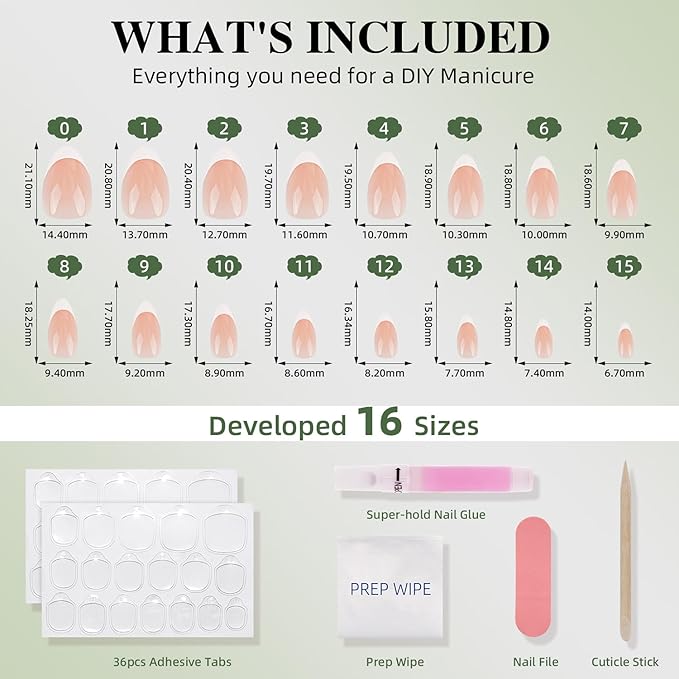 White French Tip Press On Nails - White Short Almond Fake Nails, French Tip Press On Nails Reusable Stick On Nails in 16 Sizes, 32pcs False Nail Kit for Women & Girls