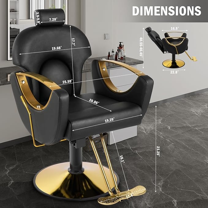 Salon Chair Reclining Barber Hair Chair for Hair Stylist with Heavy Duty Hydraulic Pump, 360 Swivel Styling Beauty Spa Tattoo Equipment for Home Barbershop, Black Gold