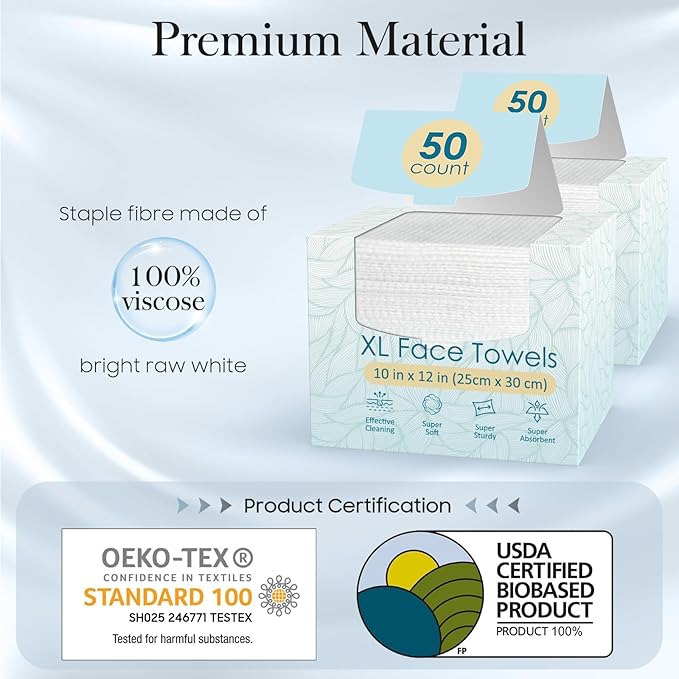 100 Count (2 Box) XL Disposable Face Towels 10” x 12”, 100% Viscose Fibre, Soft & Skin Friendly Face Towelettes Disposable, Facial Tissue Wipes for Women Cleansing