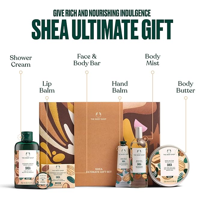 The Body Shop Shea Ultimate Gift Set - 6 Piece Set, Shower Cream, Lip Butter, Bar Soap, Hand Balm, Body Mist, Body Butter, Vegan