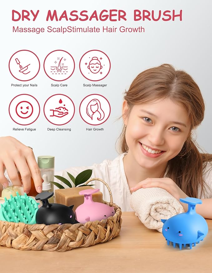 Scalp Massager Hair Growth Shampoo Brush, Silicone Scalp Scrubber Shower Scalp Brush for Hair, Head Massager Scalp Exfoliator for Dandruff Removal, Wet Dry Scalp Massage Tool for Hair Care, Pink