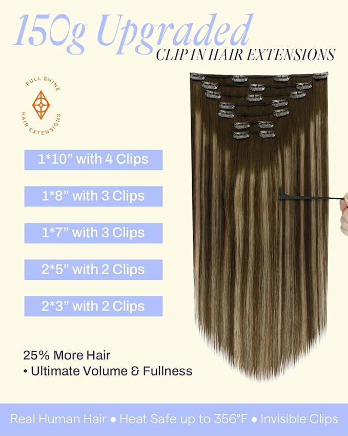 Full Shine Brown Human Hair Clip in Extensions 150 G Medium Brown Balayage Caramel Blonde Thick Hair Extensions 24 Inch Clip in Hair Extensions Human Hair Full Head Thick Ends 7 Pcs