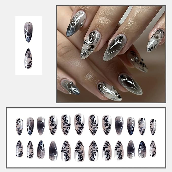 Medium Almond Press on Nails Punk Y2k Fake Nails Gradient Black Stick on Nails 3D Rhinestones Cool Butterfly Design Acrylic Nails Silver Chrome Full Cover False Manicure for Women 24Pcs