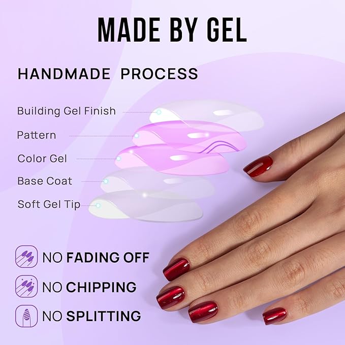 BTArtbox Press On Nails Red - Cat Eye Press On Nails Square for Gifts,Cherry Short Stick On Nails with Glue, Glossy Reusable Nail Tips in 15 Sizes - 30 Soft Gel Fake Nails Kit, Hot Love