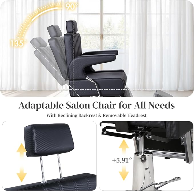 FHFO Barber Salon Hair Chairs for Barbershop, Hydraulic Barber Chair 360°Adjustable PU Leather Beauty Salon Chair for Barbershop Spa Black/Silver