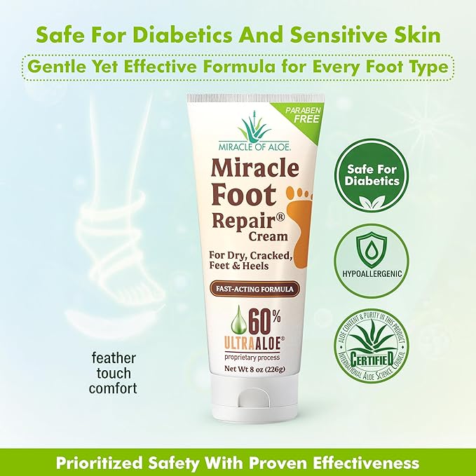 Miracle Foot Repair Cream (8 oz / 2-Pack) Repairs Dry Cracked Heels and Feet, 60% Pure UltraAloe Moisturizes, Softens, and Repairs