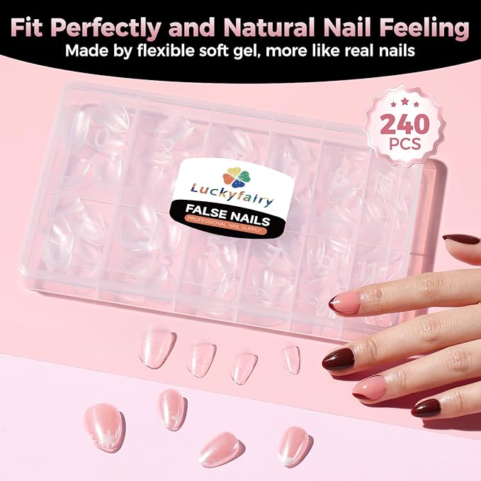 Extra Short Almond Nail Tips, 240pcs Soft Gel Pre-Shaped Acrylic Fake Nails, Half Matte Full Cover Clear Gelly Press on Flase Nail Tips for Extension Nail Manicure Home DIY 12 Sizes