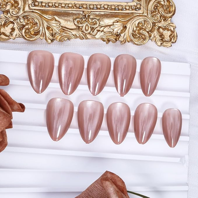 30Pcs Glitter Brown Fake Nails Short Press on Nails Almond False Nails Glossy Full Cover Stiletto Glue on Nail Nude Pink Acrylic Nails Reusable Fall Artificial Stick on Nail for Women Manicure