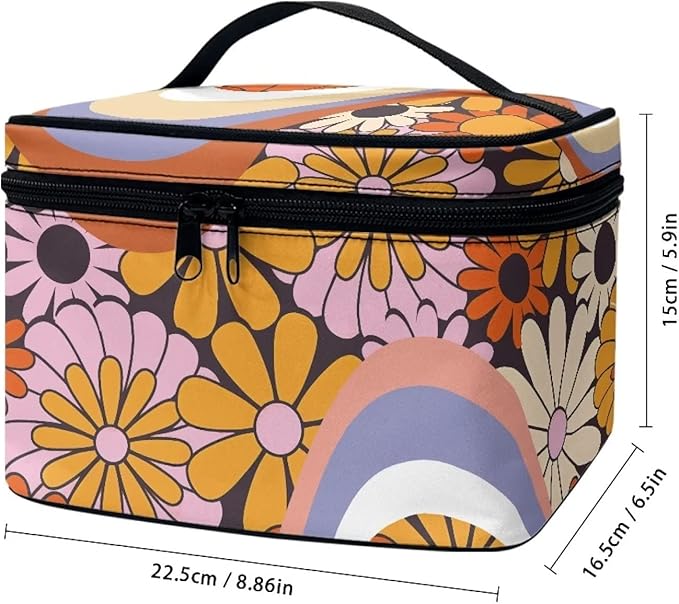 Hippie Daisy 70s 80s Wavy Swirl Design Makeup Bags for Women Large Capacity Toiletry Organizer Bags Portable Tote Cosmetic Pouch with Carry Handle and Brushes Slots Travel Sccessories