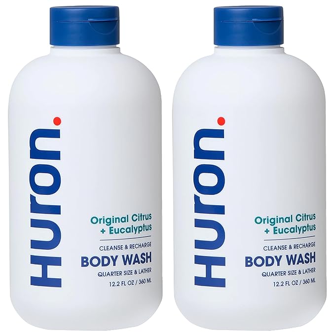 Huron Men’s Moisturizing Body Wash – Crisp & Invigorating Scent of Citrus, Eucalyptus, Mint, & Aromatic Greens - Coconut Oil, Vitamin E & Witch Hazel – Vegan, Cruelty-Free - 12.2 fl oz (2 Pack)