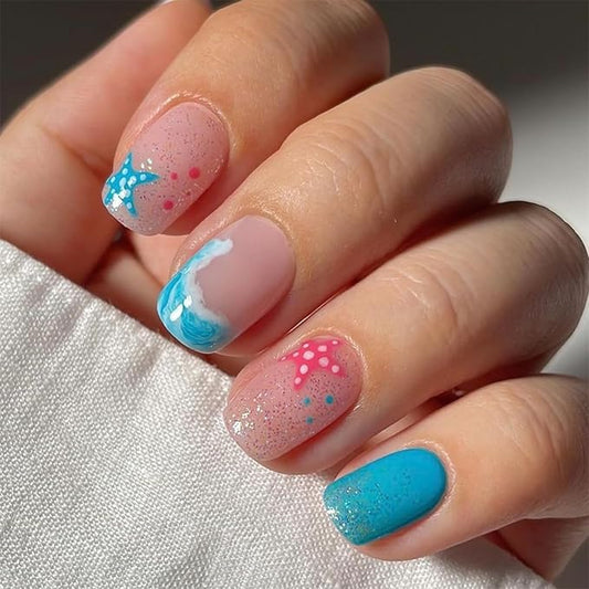 Summer Press on Nails Short Square Fake Nails with Designs Beach False Nails Plam Tree Glossy Full Cover Blue Acrylic Glue on Nails Starfish Sea Stick on Nails for Women Manicure 24 Pcs