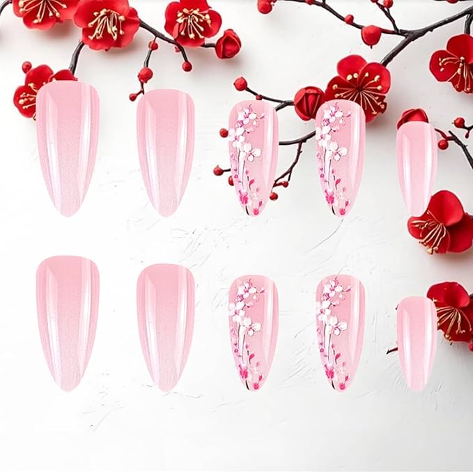 Plum Blossom Press on Nails 24Pcs Flower Acrylic Full Cover Fake Nails Peach Blossoms Gel Glue on Fingernail Glossy Pink Gradient Medium Almond False Nail Summer Stick on Nail for Holiday Manicure Art