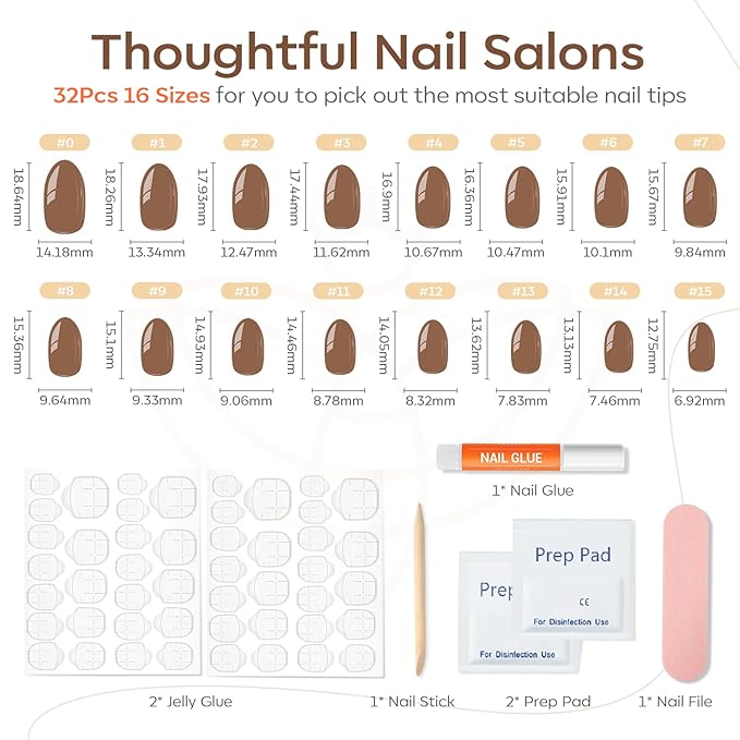 modelones Brown Press on Nails Short, Christmas Oval Fake Nails Kit Press Ons with Nail Glue, Adhesive Tabs, Nail File, Prep Pad, Manicure Stick, 32Pcs 16 Sizes