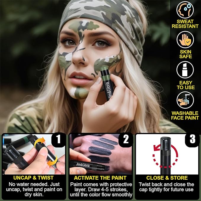 Jim&Gloria Water-Resistant Hunting Camo Face Paint Sticks - 8 Colors Camouflage Face Painting Kit Military Stuff Shooting Game Airsoft, Paintball, Tactical Gear, Eye Black Baseball, Softball, Football