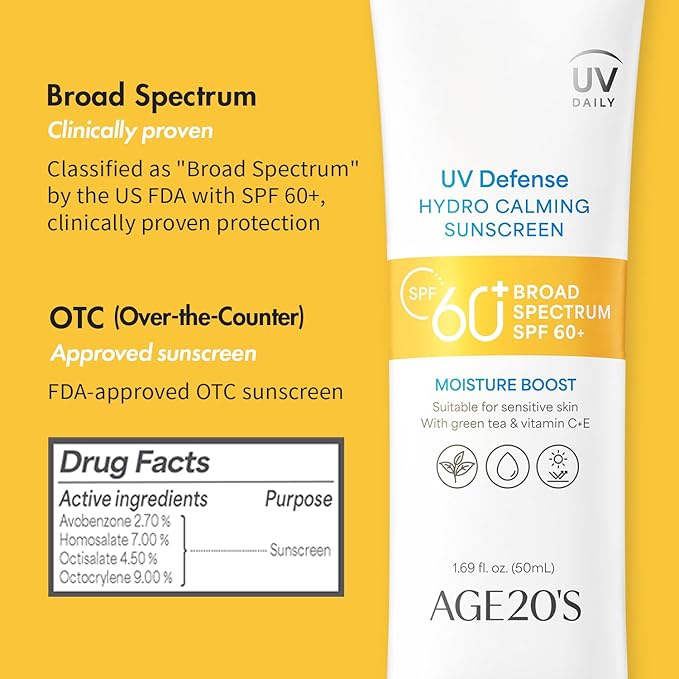AGE20'S UV Defense Hydro Calming Sunscreen SPF 60+ | Korean Sunscreen | Moisturizing Creamy Formula, No White Cast, Lightweight Finish | Green Tea + Aloe Vera | Dermatest Excellent | 1.69 fl.oz*1