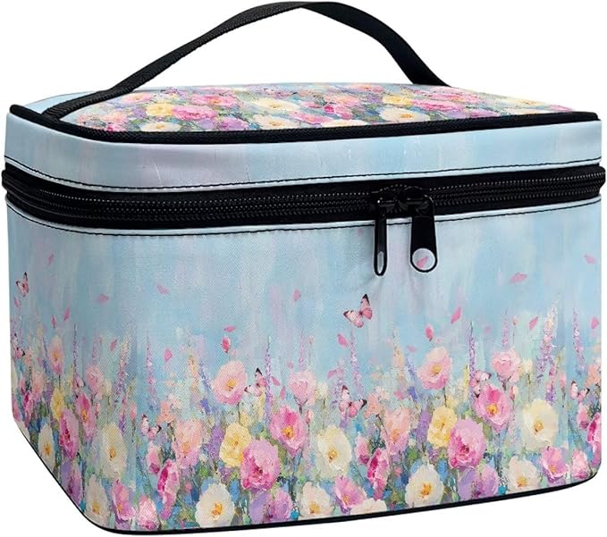 Butterfly Vibrant Rose Floral Print Travel Makeup Bags for Women Portable Tote Cosmetic Case with Carry Handle Toiletry Accessories Storage Organizer Bags