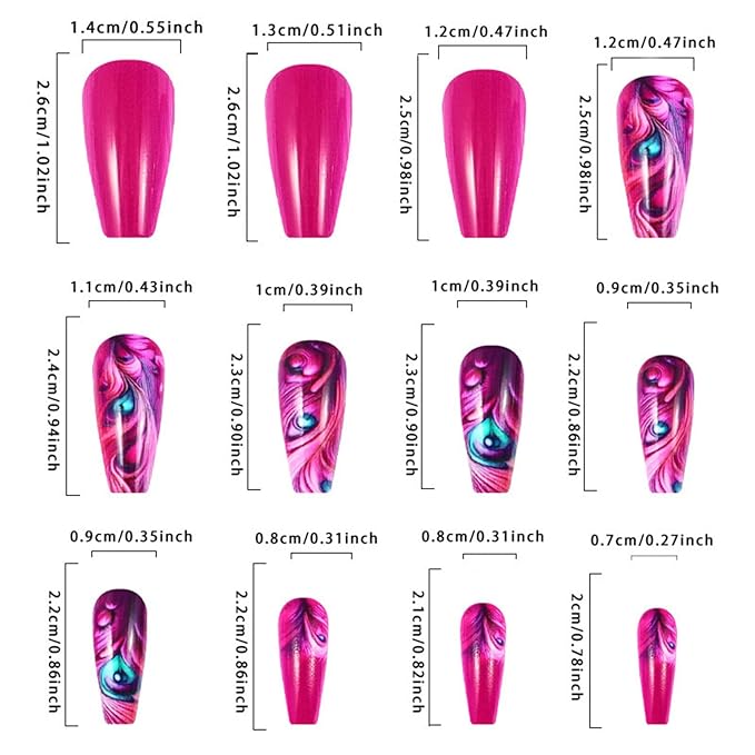 24Pcs Peacock Feather Press on Nails Rose Red Plume Stick on Nails Medium Coffin Acrylic Full Cover False Nails Glossy Blue Feather Eye Fake Nails Curve Line Gel Glue on Nails for Coquette Women Girls
