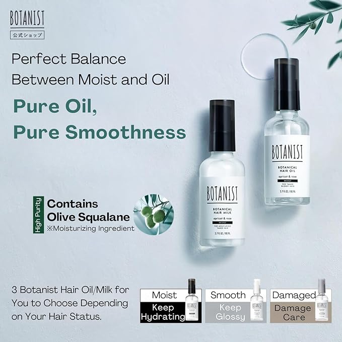 Botanist Organic Hair Oil for Frizzy Hair, Natural Hair Oil for Women, HAIR OIL Spray for Men with Jojoba Oil, Protein, Organics Extract & Squalane, Hair Scalp Oil from Japan 2.7 Fl Oz APRICOT & ROSE