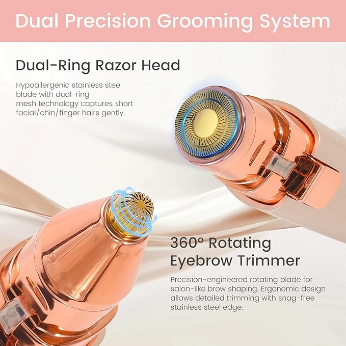 Hatteker Eyebrow Facial Trimmer, 2 in1 Rechargeable Hair Removal and Eyebrow Shaver - Face Lips Body Painless Razor with Built-in LED Light (Rose Gold)