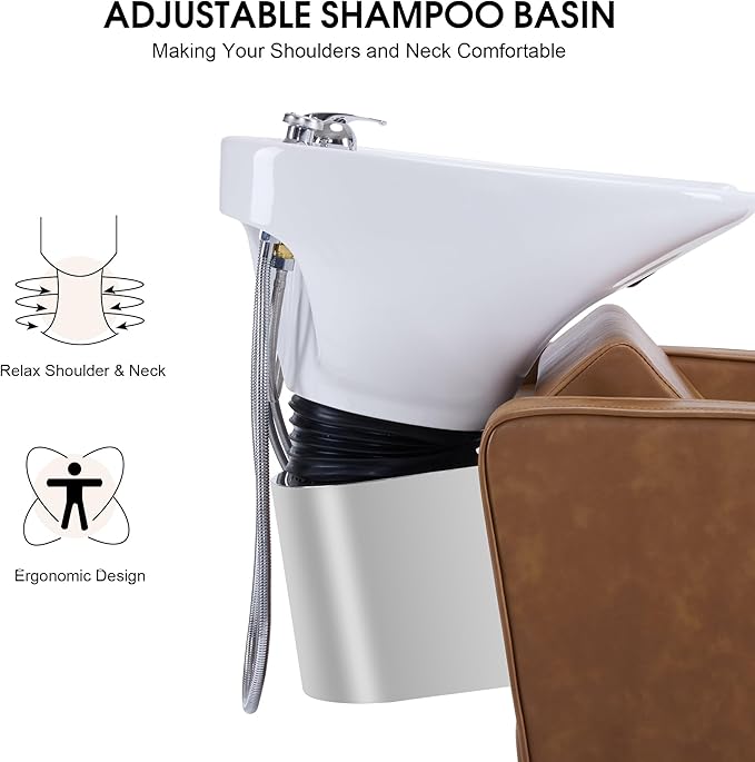 BarberPub Backwash Shampoo Station Chair, Adjustable Porcelain Ceramic Hair Wash Bowl Sink Unit Station, Reclining Shampoo Station Chair for Spa Beauty Salon Hair Salon Equipment 9303 (Brown)