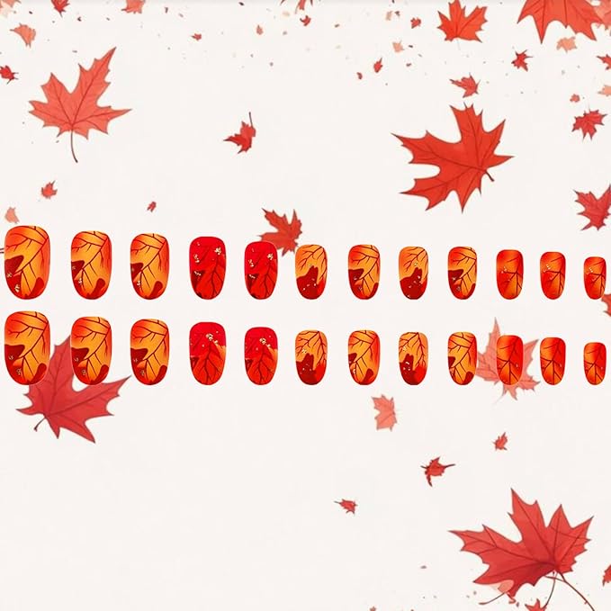 Maple Leaf Press on Nails Matte Gold Glitter Acrylic Fake Nail 24Pcs Fall Leaves Stick on Fingernails Thanksgiving Short Almond False Nails Autumn Gradient Gel Glue on Nail for Coquette Women Girls