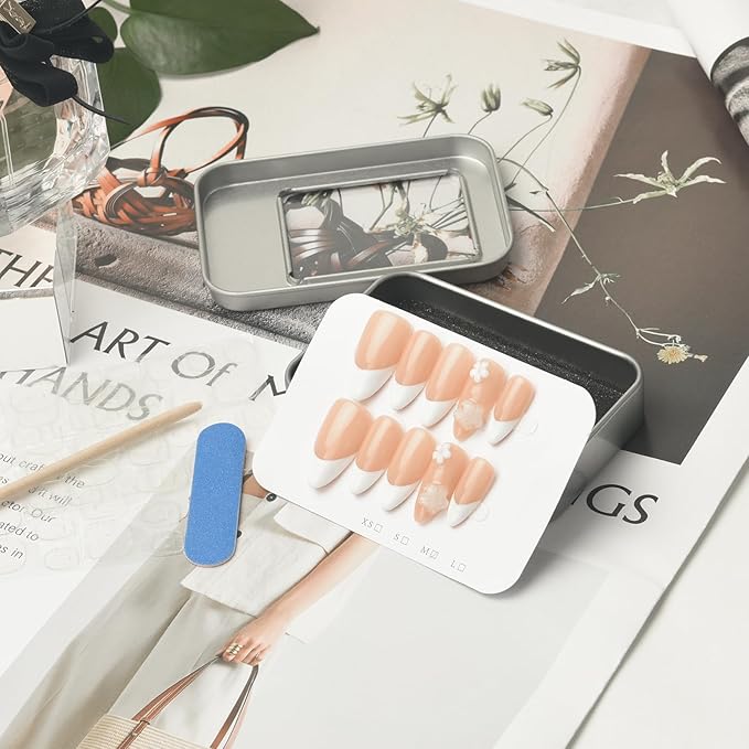 3D White Floral Press On Nails - Handmade Nude Base White French-Tip Medium Almond Salon Gel Acrylic Nails -Reusable Full Set 10pcs (Dancing Petals, Size S)