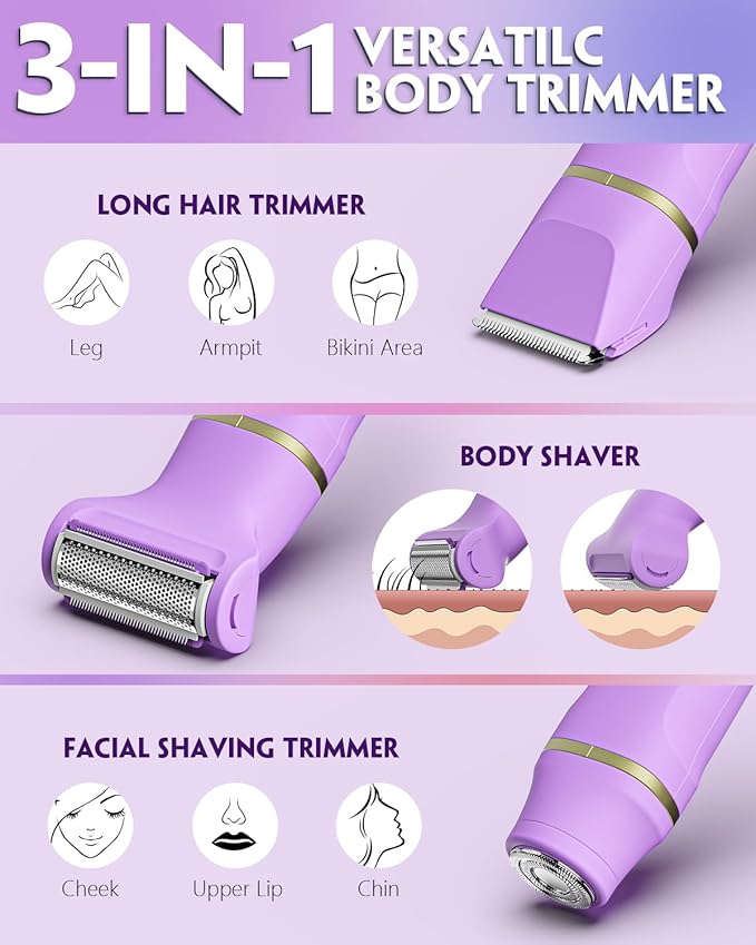 Bikini Trimmer 3 in 1 Electric Razor for Women - IPX7 Waterproof Wet & Dry Body Shaver, Pubic & Facial Hair Remover with Ceramic Blade, USB Rechargeable Dock & Gift Ready