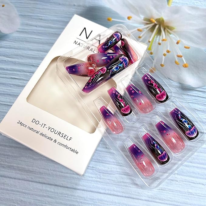 Jellyfish Press on Nails Long Ballet Shaped Full Cover Glossy Acrylic Fake Nail Cute Jellyfish Pattern Design Gradient Artificial Fingernails French Stick on Nail Reusable Glue on Nails for Women