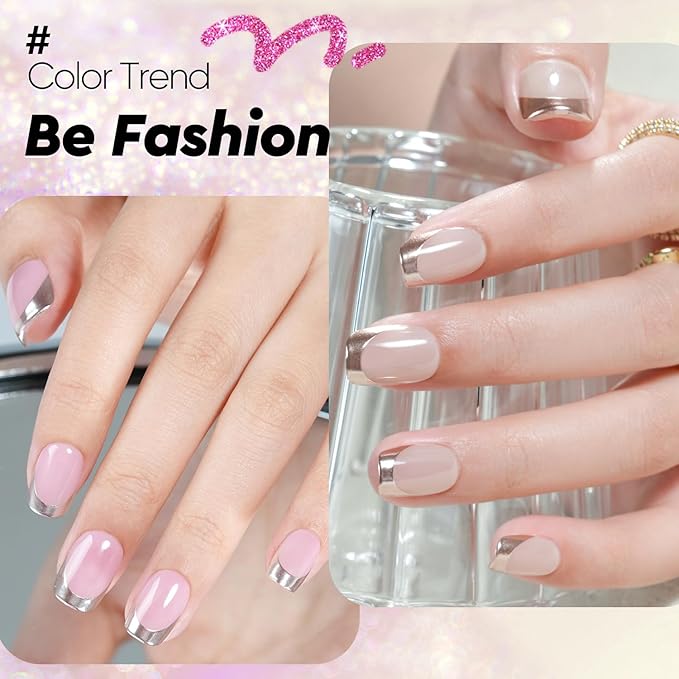 French Tip Press on Nails Short Kit Jofay Fashion Soft Gel Fake Nails 5 Styles with White&Silver& Gold&Aurora Chrome Pale Orange Cat eye, Gift False Nails Reusable Full Cover Stick on Nails, 32 Sizes