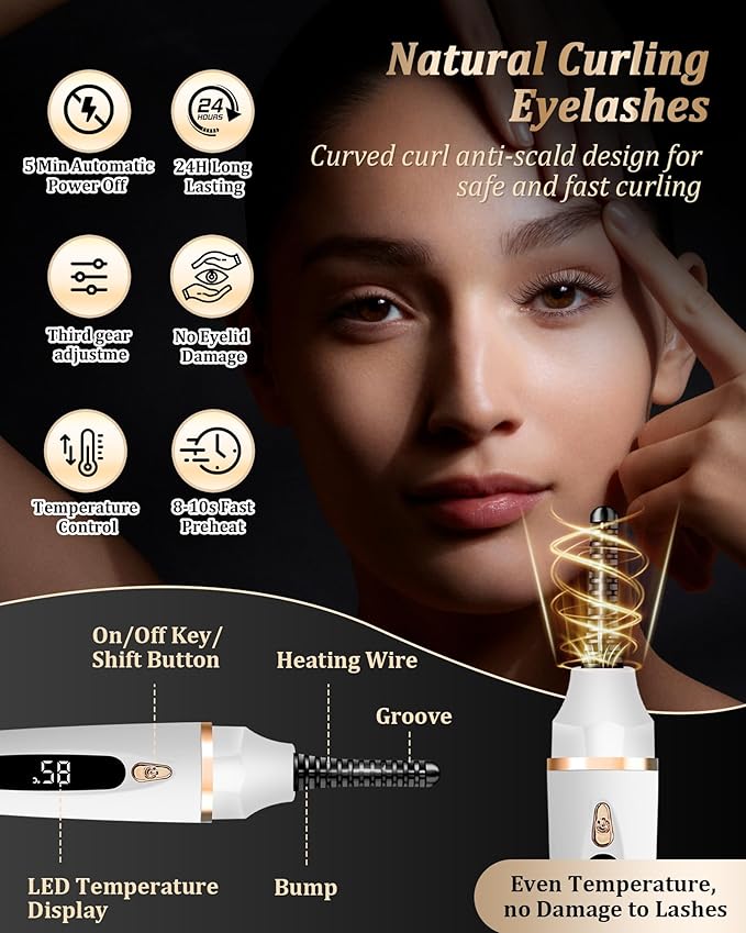 Heated Eyelash Curlers - Eye Lash Curler Heat with Eyelash Comb - Electric Eyelash Curler - Rizador De Pestañasey LED Display 3 Temp Settings USB Charge Natural Curling 24H for Women Makeup Tool Gifts