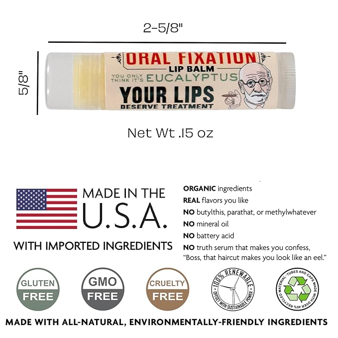 Sigmund Freud's Oral Fixation Lip Balm Tube, Eucalyptus Mint Flavored - Cruelty-Free and Made in The USA from Natural and Imported Ingredients