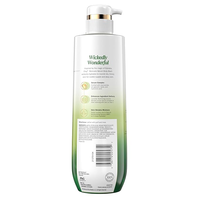 Olay Body Wash for Women, Wickedly Wonderful Elphaba’s Edition, Intensely Hydrating & Renewing, Pro-Hyaluronic Acid Serum with Vitamin B3, For All Skin Types, Cashmere Woods & Lime Scent, 20 fl oz
