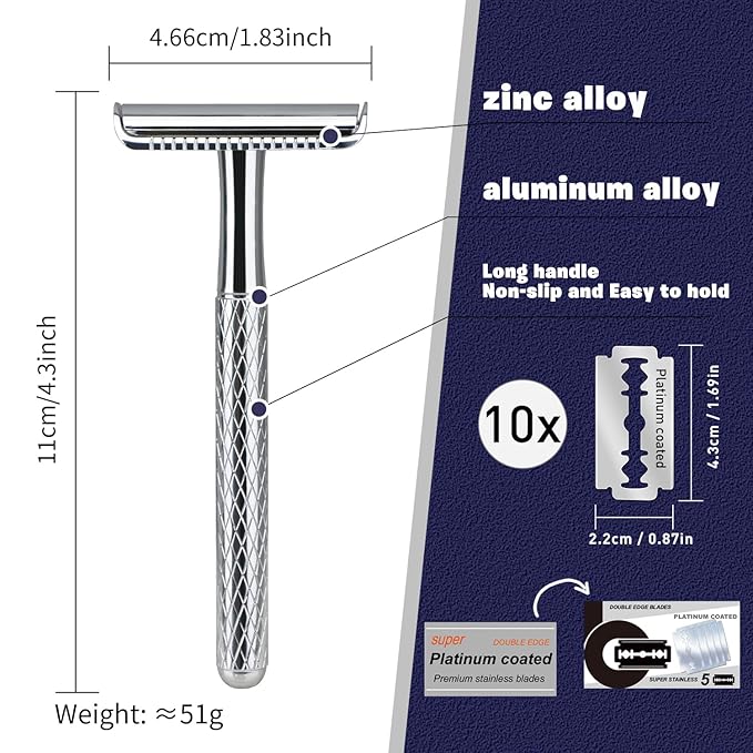 Shiny Silver Double Edge Safety Razor, Single Blade Razors for Men and Women, with 10 Stainless Steel Safety Razor Blades, Reusable, Smooth and Close Wet Shaving Kit, Plastic Free