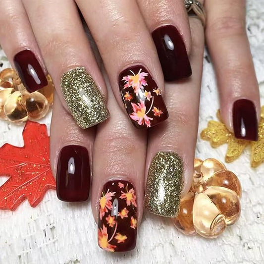 24Pcs Fall Maple Leaves Fake Nails Dark Red Press on Nails Medium Square Autumn Glue on Nails Full Cover Glitter Gold Maple Leaf Nail Designs Glossy Artificial Acrylic Nails for Women DIY Manicure