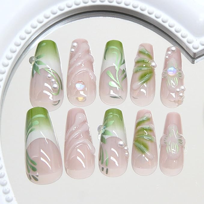 24Pcs Green Press on Nails Medium Square Fake Nails with Vine Gradient French Pearl Design Nude False Nail Full Cover Artificial Nails Cute Stick on Nail Pearl Nail for Women DIY Manicure
