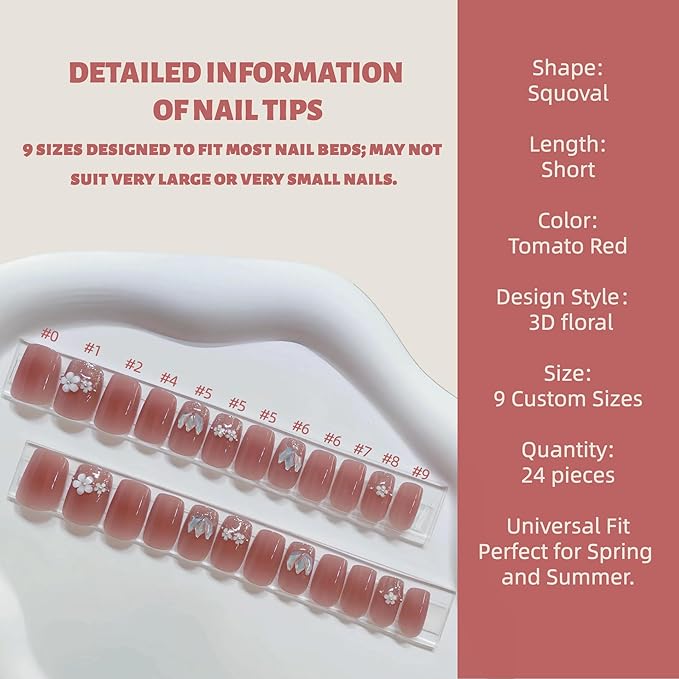 Tomato Red Short Squoval Press on Nails 30pcs with 3D Floral Design, Soft Fit Back, Durable Front Edge, Reusable Full Cover Fake Nails for Daily, Party, Wedding